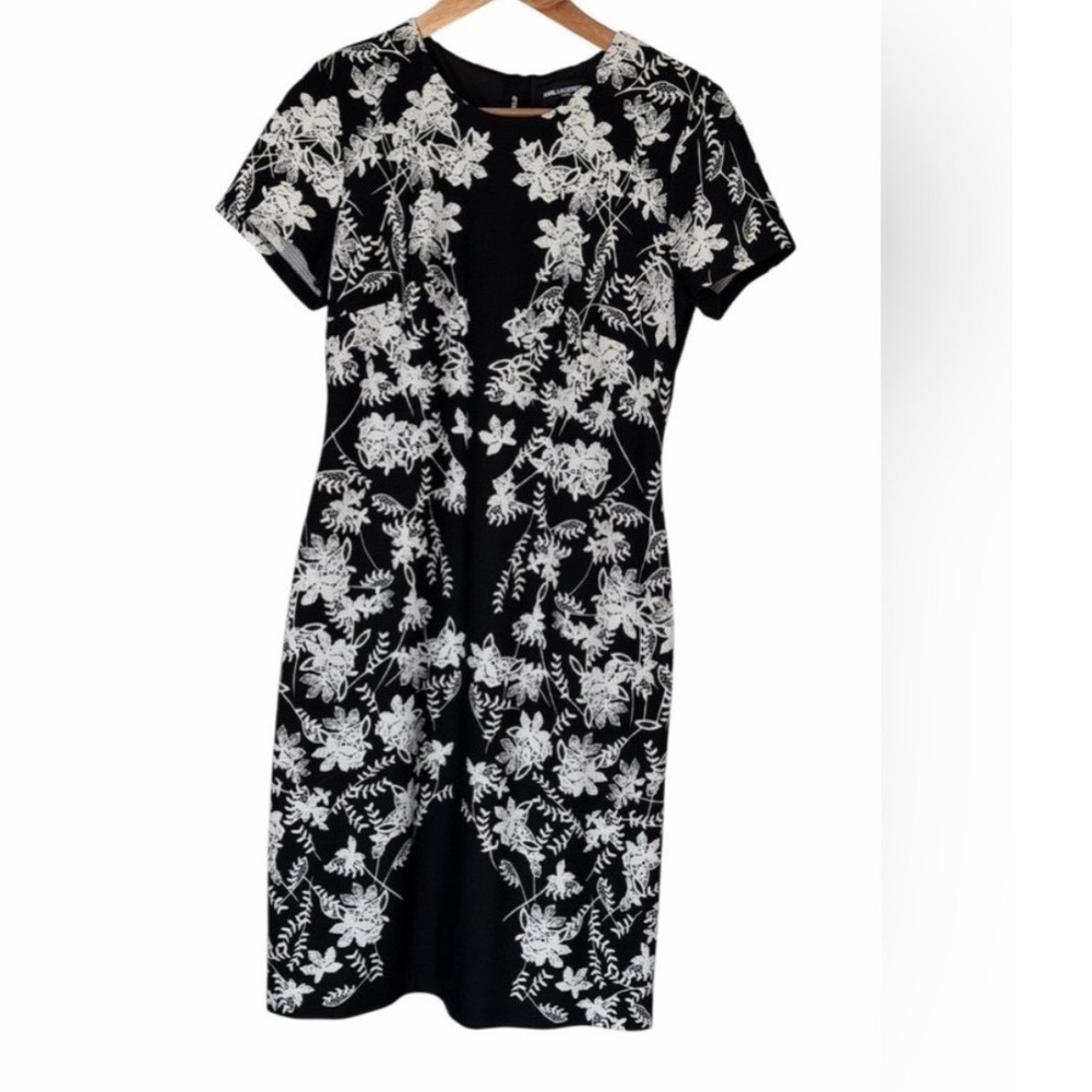 Karl Lagerfeld Sheath Dress Womens 8 Black White Floral Embroidered Short Sleeve